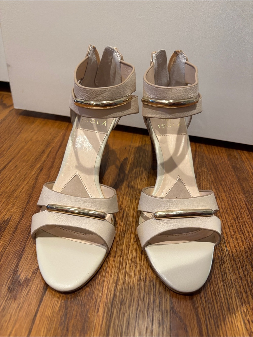 Isola Cream-Tan Strappy Heels with Gold Bar Detail